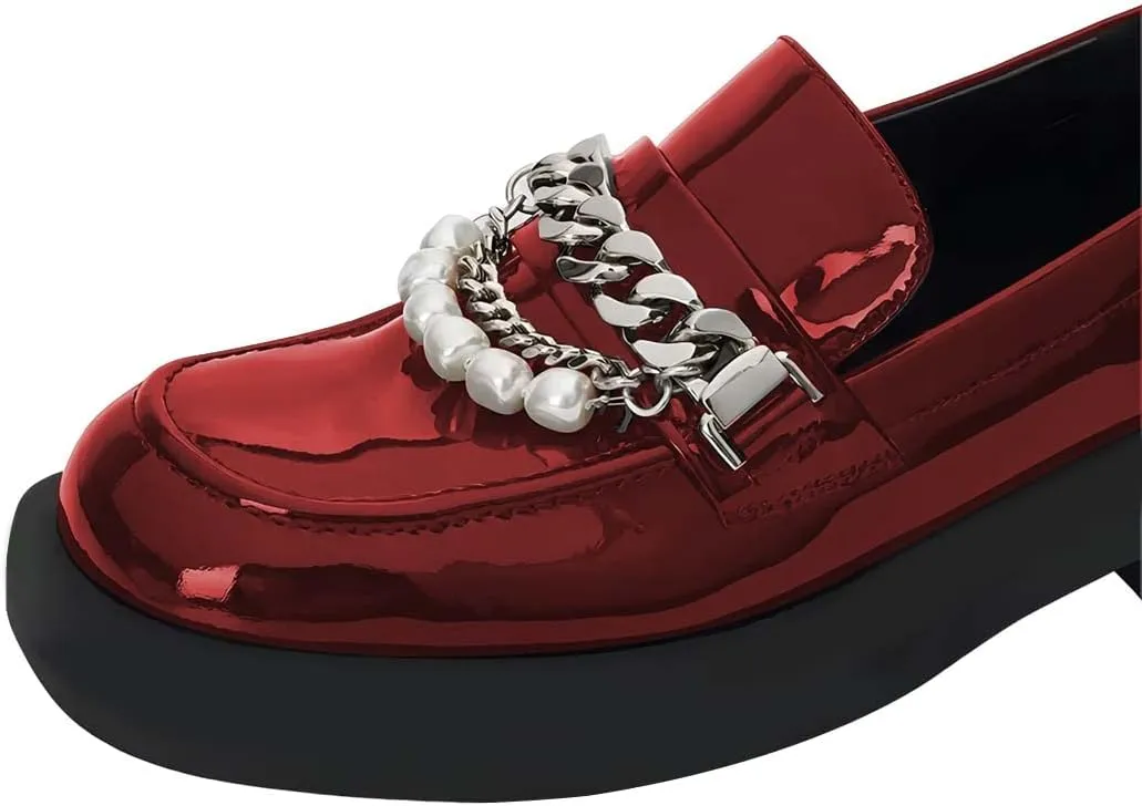 XYD Women Chic Platform Closed Square Toe Slip On Chains Pearl Loafer Patent Leather Low Chunky Heel Daily Walking Comfy Shoes