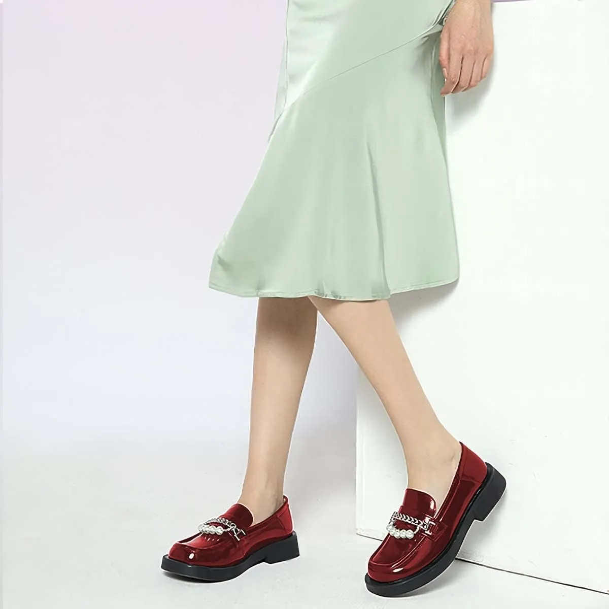 XYD Women Chic Platform Closed Square Toe Slip On Chains Pearl Loafer Patent Leather Low Chunky Heel Daily Walking Comfy Shoes