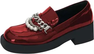 XYD Women Chic Platform Closed Square Toe Slip On Chains Pearl Loafer Patent Leather Low Chunky Heel Daily Walking Comfy Shoes