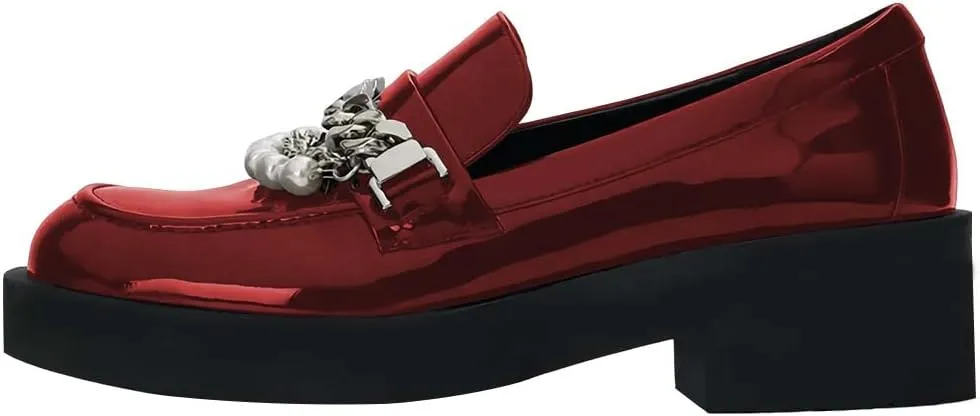 XYD Women Chic Platform Closed Square Toe Slip On Chains Pearl Loafer Patent Leather Low Chunky Heel Daily Walking Comfy Shoes