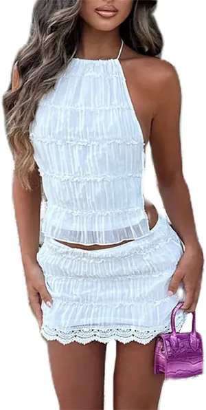 Y2k Mini Skirt Sets for Women Beach Vacation Lace Skirt and Backless Halter Tie Crop Tops Going Out 2 Piece Outfits