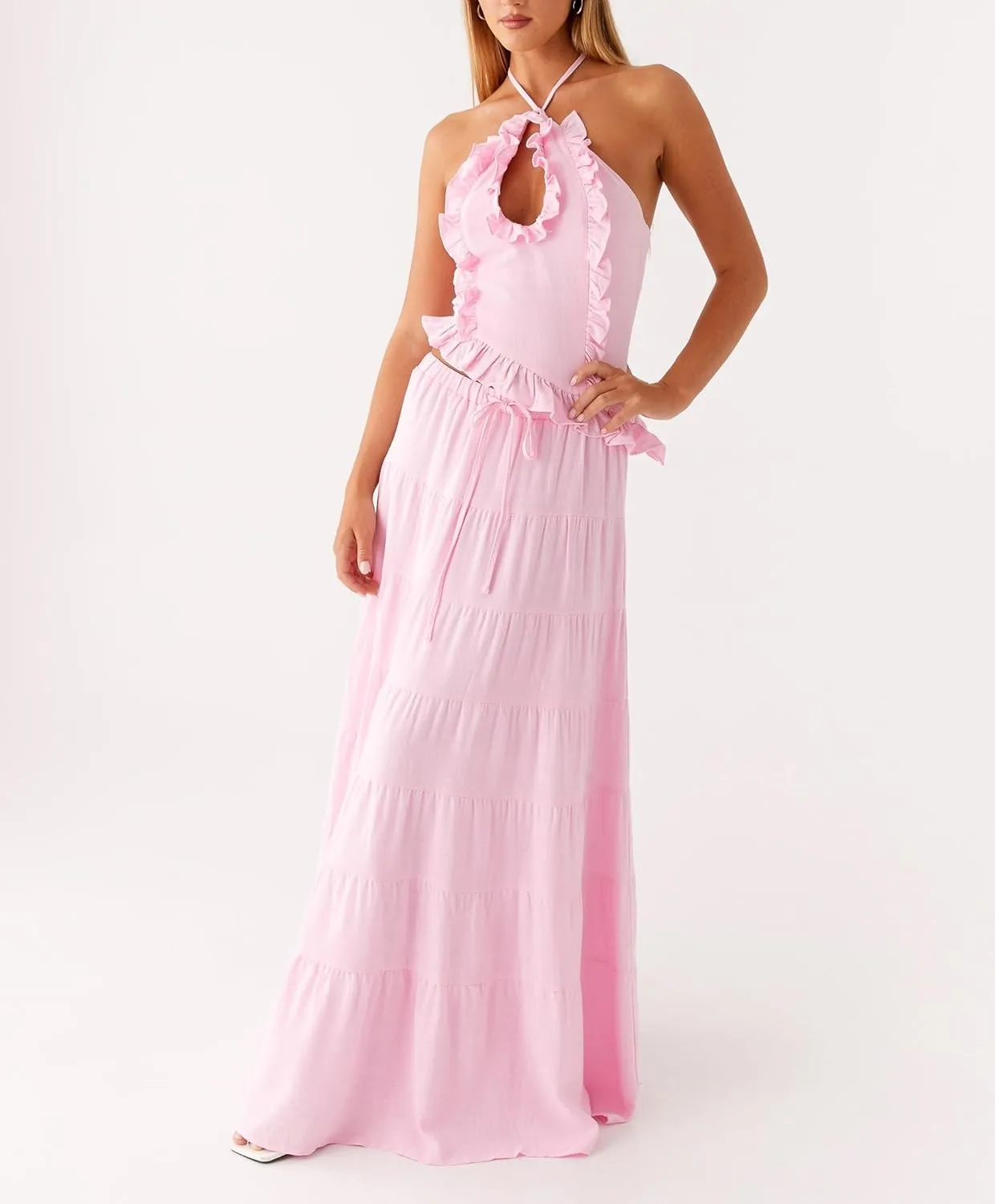 Y2k Ruffle Long Skirt Sets for Women 2 Piece Outfits Summer Ruched Backless Cami Top Matching Boho Maxi Skirt Set