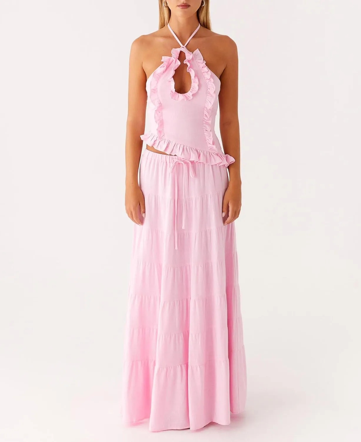 Y2k Ruffle Long Skirt Sets for Women 2 Piece Outfits Summer Ruched Backless Cami Top Matching Boho Maxi Skirt Set
