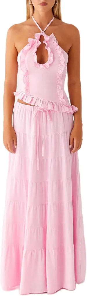 Y2k Ruffle Long Skirt Sets for Women 2 Piece Outfits Summer Ruched Backless Cami Top Matching Boho Maxi Skirt Set
