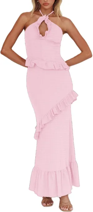 Y2k Ruffle Long Skirt Sets for Women 2 Piece Outfits Summer Ruched Backless Cami Top Matching Boho Maxi Skirt Set