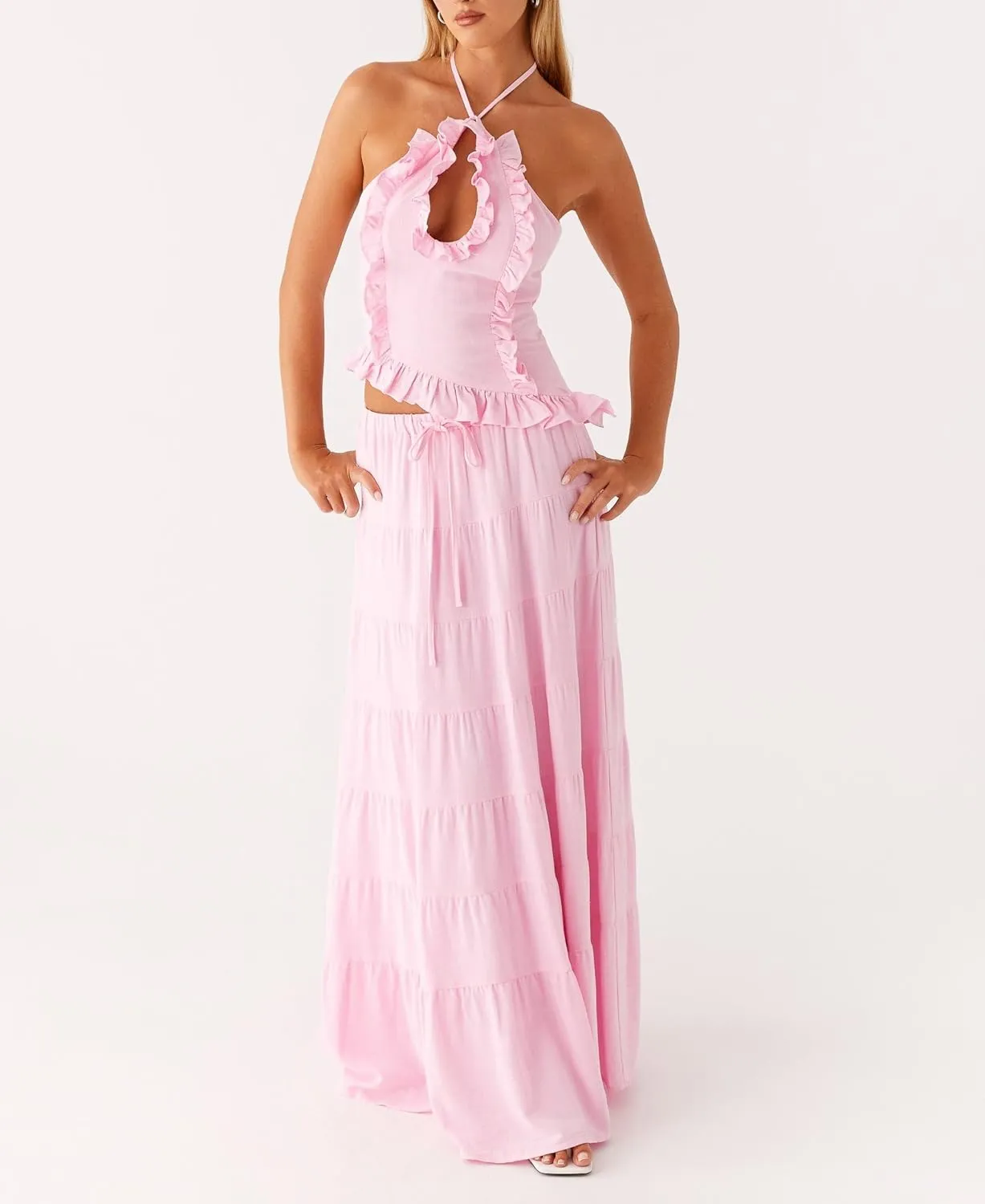 Y2k Ruffle Long Skirt Sets for Women 2 Piece Outfits Summer Ruched Backless Cami Top Matching Boho Maxi Skirt Set