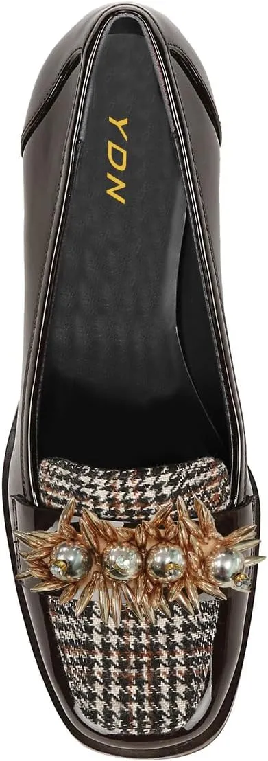YDN Women Pearl Loafers Chunky High Heels Square Toe Studded Pumps Metal Oxfords Slip On Shoes Prom Party Working Size 4-16 US