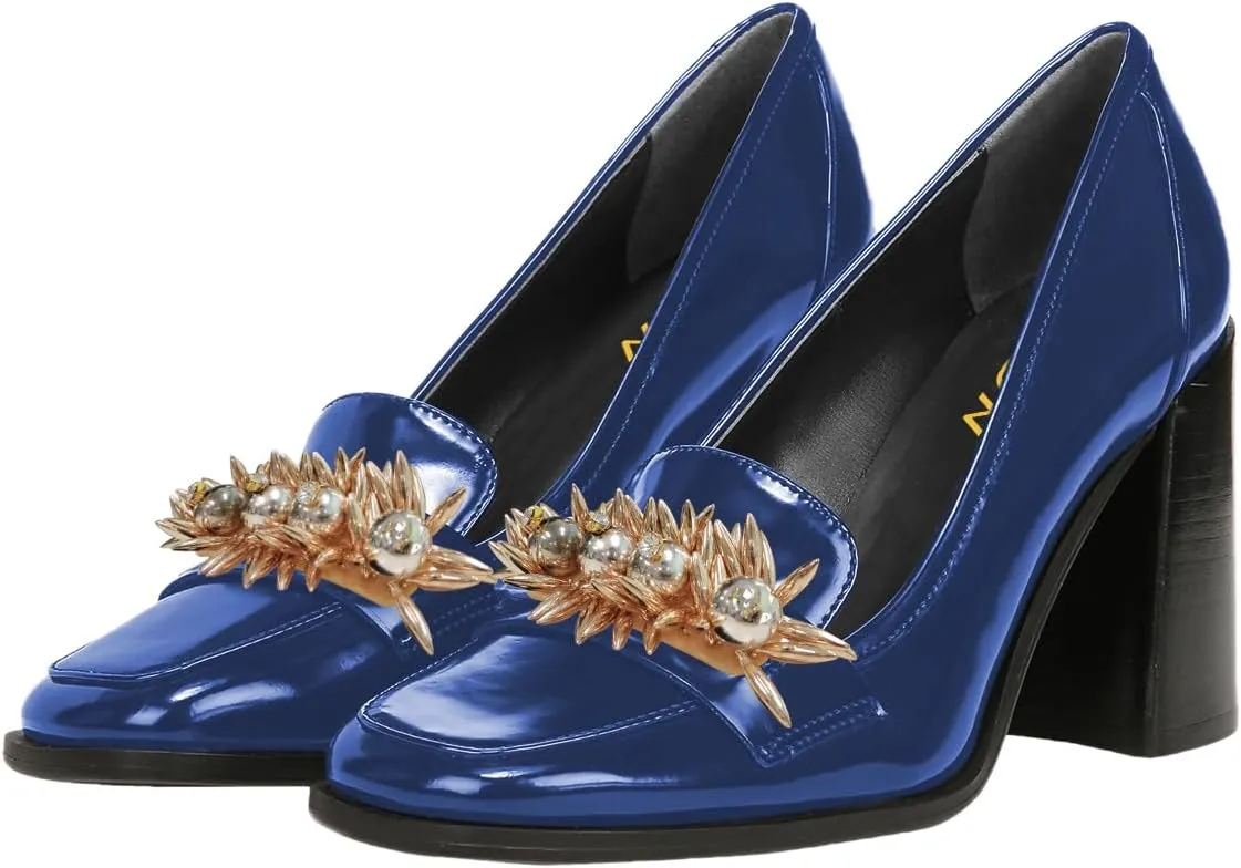 YDN Women Pearl Loafers Chunky High Heels Square Toe Studded Pumps Metal Oxfords Slip On Shoes Prom Party Working Size 4-16 US