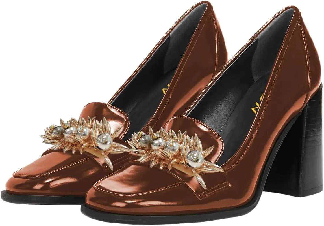 YDN Women Pearl Loafers Chunky High Heels Square Toe Studded Pumps Metal Oxfords Slip On Shoes Prom Party Working Size 4-16 US