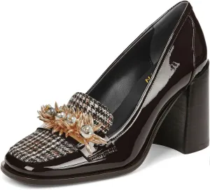 YDN Women Pearl Loafers Chunky High Heels Square Toe Studded Pumps Metal Oxfords Slip On Shoes Prom Party Working Size 4-16 US