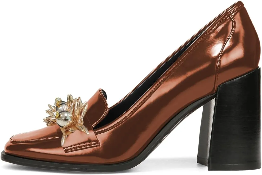 YDN Women Pearl Loafers Chunky High Heels Square Toe Studded Pumps Metal Oxfords Slip On Shoes Prom Party Working Size 4-16 US