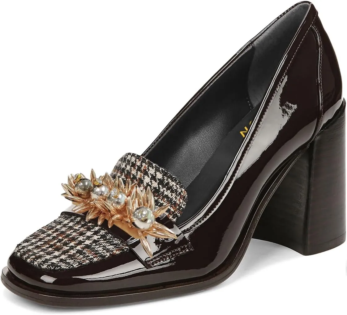 YDN Women Pearl Loafers Chunky High Heels Square Toe Studded Pumps Metal Oxfords Slip On Shoes Prom Party Working Size 4-16 US