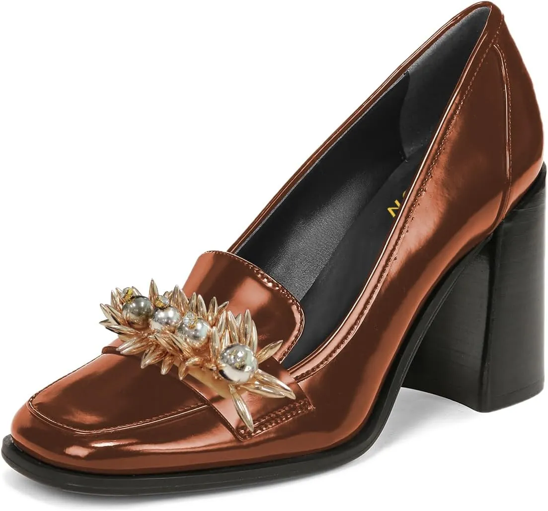 YDN Women Pearl Loafers Chunky High Heels Square Toe Studded Pumps Metal Oxfords Slip On Shoes Prom Party Working Size 4-16 US
