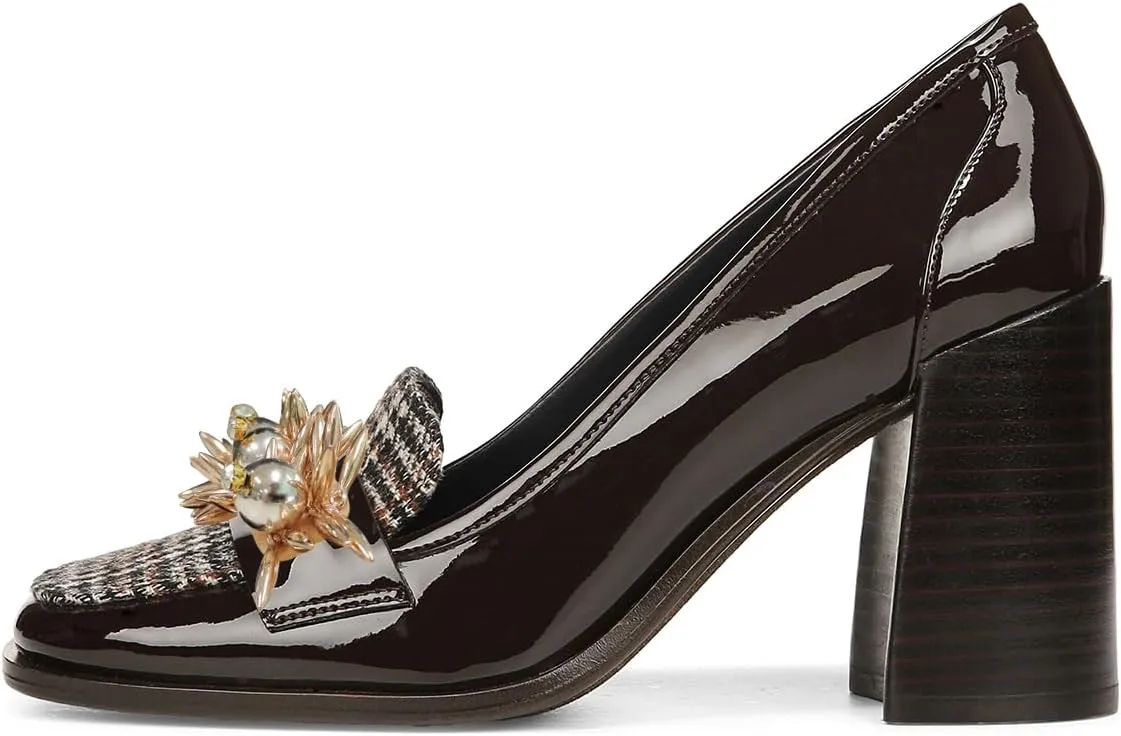 YDN Women Pearl Loafers Chunky High Heels Square Toe Studded Pumps Metal Oxfords Slip On Shoes Prom Party Working Size 4-16 US