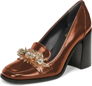 YDN Women Pearl Loafers Chunky High Heels Square Toe Studded Pumps Metal Oxfords Slip On Shoes Prom Party Working Size 4-16 US