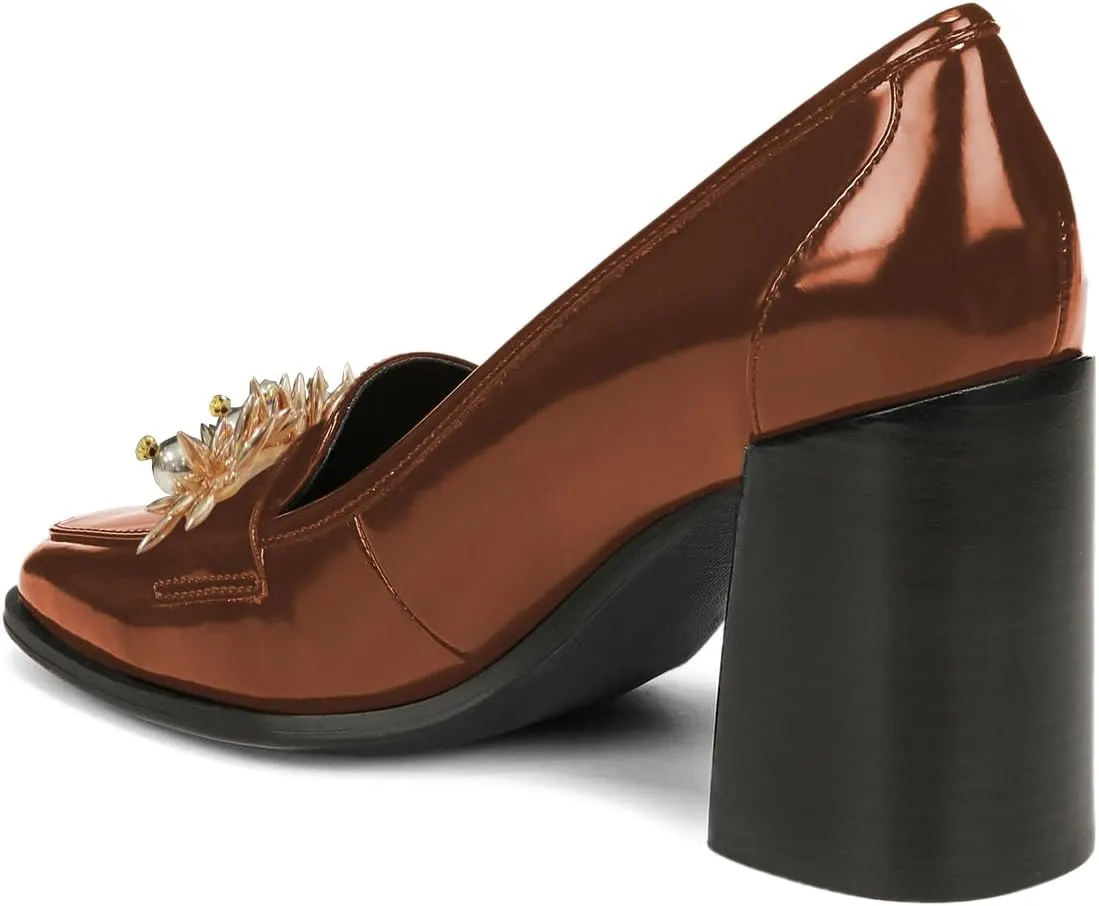 YDN Women Pearl Loafers Chunky High Heels Square Toe Studded Pumps Metal Oxfords Slip On Shoes Prom Party Working Size 4-16 US