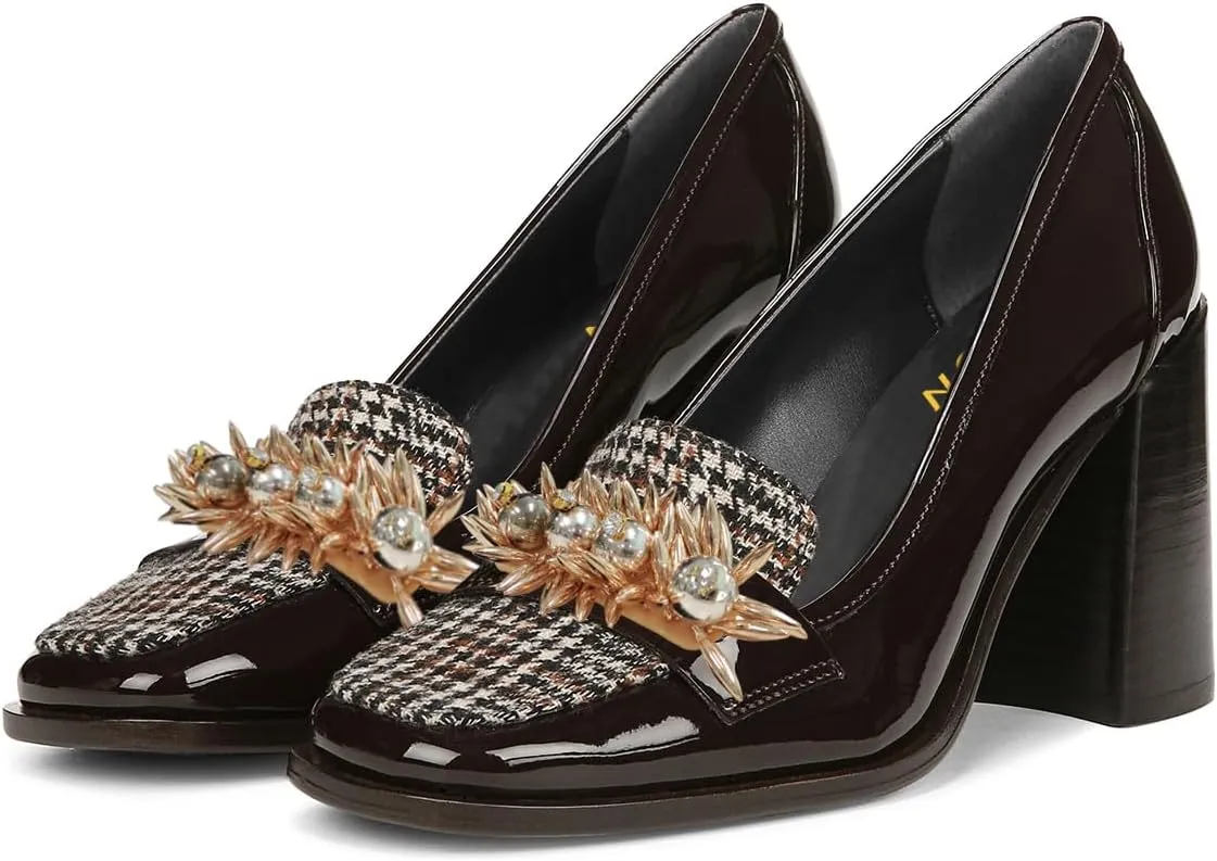 YDN Women Pearl Loafers Chunky High Heels Square Toe Studded Pumps Metal Oxfords Slip On Shoes Prom Party Working Size 4-16 US