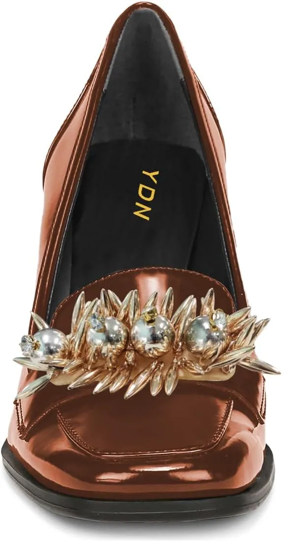 YDN Women Pearl Loafers Chunky High Heels Square Toe Studded Pumps Metal Oxfords Slip On Shoes Prom Party Working Size 4-16 US