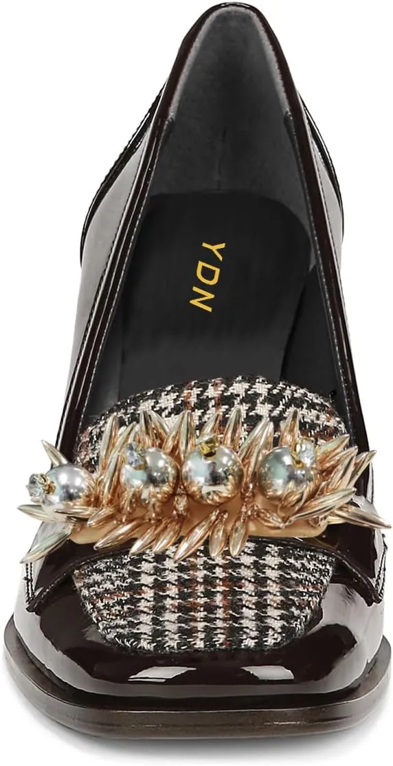 YDN Women Pearl Loafers Chunky High Heels Square Toe Studded Pumps Metal Oxfords Slip On Shoes Prom Party Working Size 4-16 US