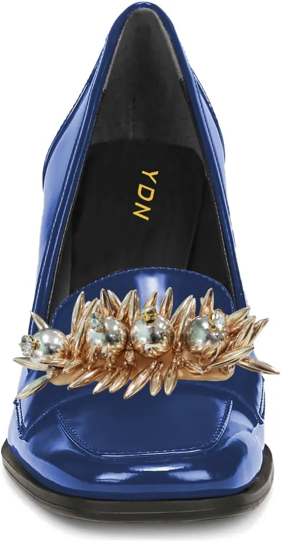 YDN Women Pearl Loafers Chunky High Heels Square Toe Studded Pumps Metal Oxfords Slip On Shoes Prom Party Working Size 4-16 US