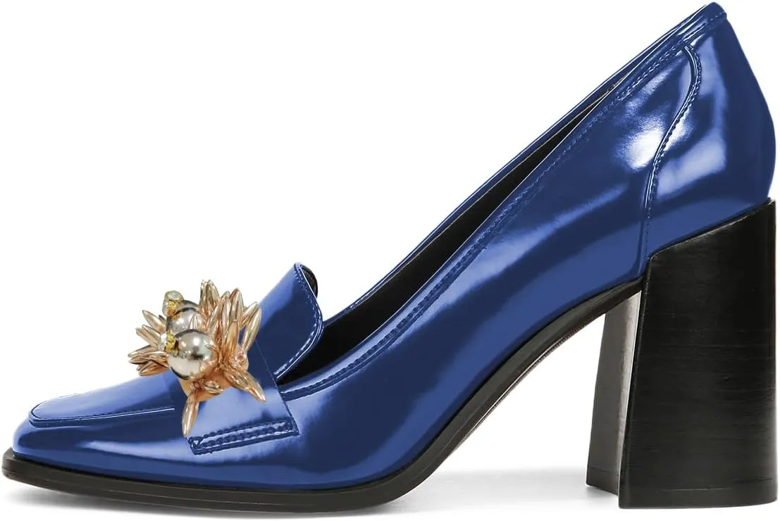 YDN Women Pearl Loafers Chunky High Heels Square Toe Studded Pumps Metal Oxfords Slip On Shoes Prom Party Working Size 4-16 US