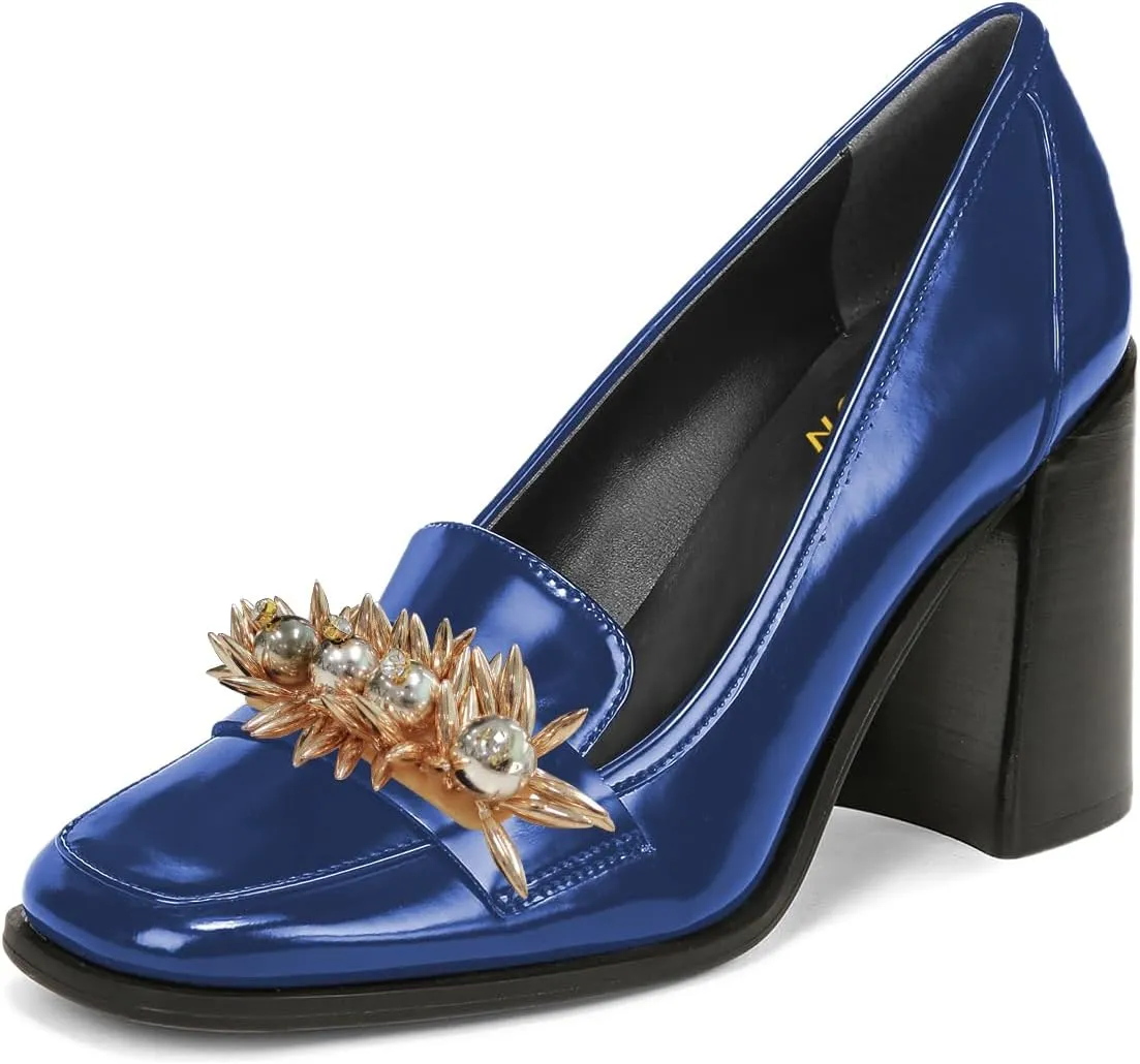 YDN Women Pearl Loafers Chunky High Heels Square Toe Studded Pumps Metal Oxfords Slip On Shoes Prom Party Working Size 4-16 US