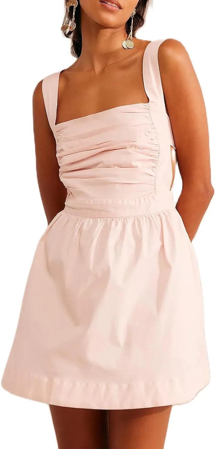 Yuemengxuan Women Graduation Dress Tie Back Summer Dresses Ruched Pleated A Line Mini Dress Backless Y2k Beach Sundress