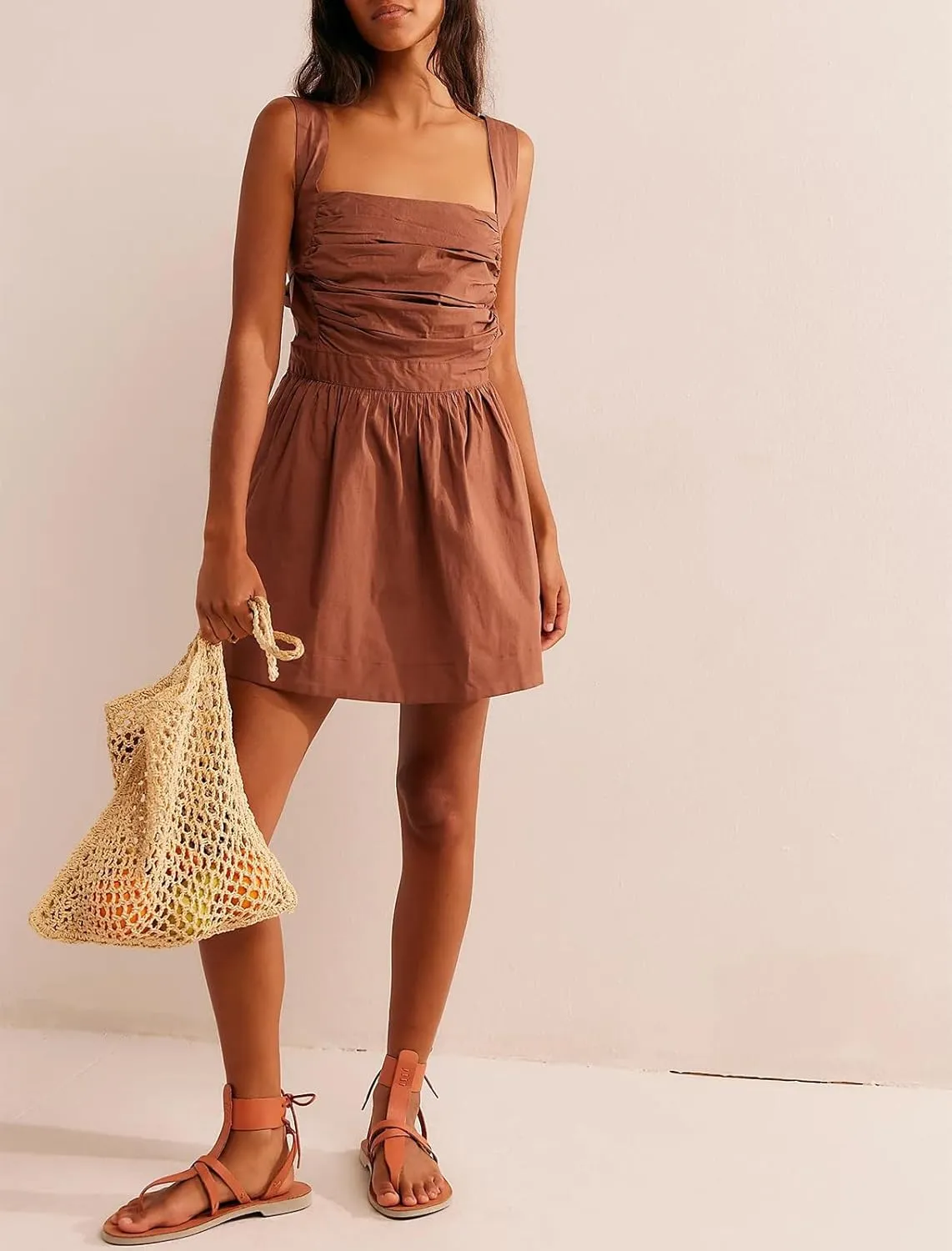Yuemengxuan Women Graduation Dress Tie Back Summer Dresses Ruched Pleated A Line Mini Dress Backless Y2k Beach Sundress