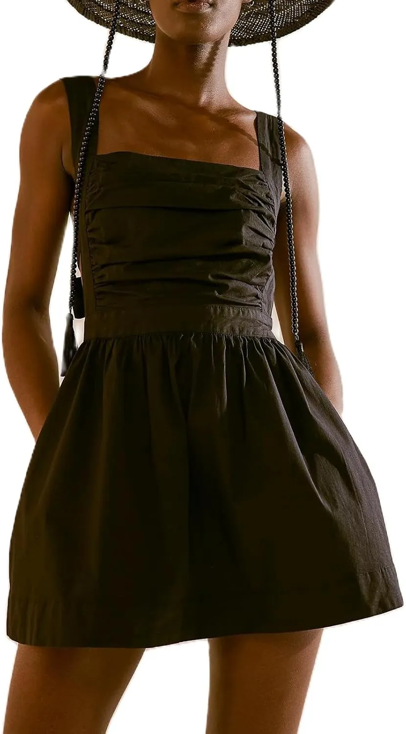 Yuemengxuan Women Graduation Dress Tie Back Summer Dresses Ruched Pleated A Line Mini Dress Backless Y2k Beach Sundress