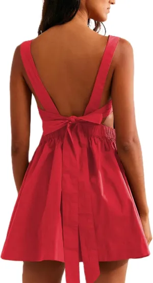 Yuemengxuan Women Graduation Dress Tie Back Summer Dresses Ruched Pleated A Line Mini Dress Backless Y2k Beach Sundress