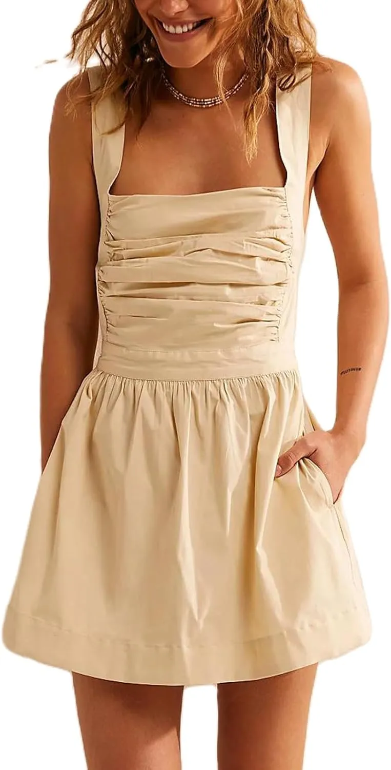 Yuemengxuan Women Graduation Dress Tie Back Summer Dresses Ruched Pleated A Line Mini Dress Backless Y2k Beach Sundress