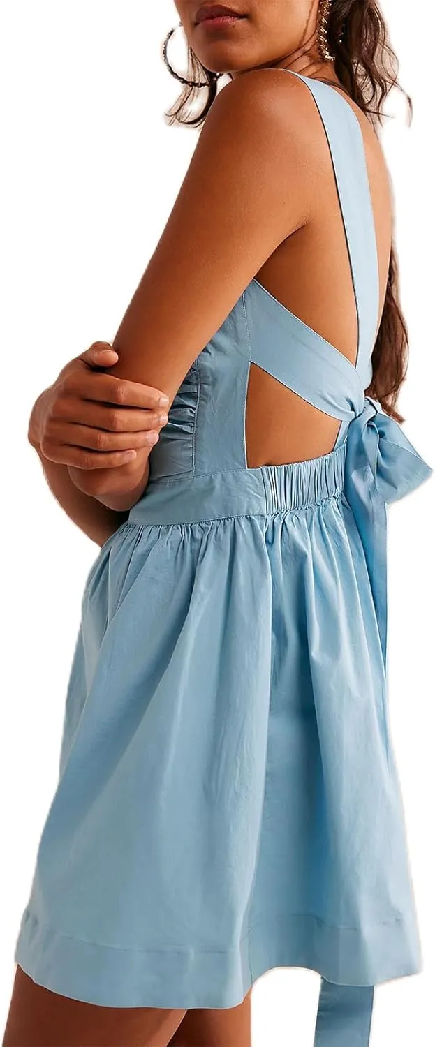 Yuemengxuan Women Graduation Dress Tie Back Summer Dresses Ruched Pleated A Line Mini Dress Backless Y2k Beach Sundress