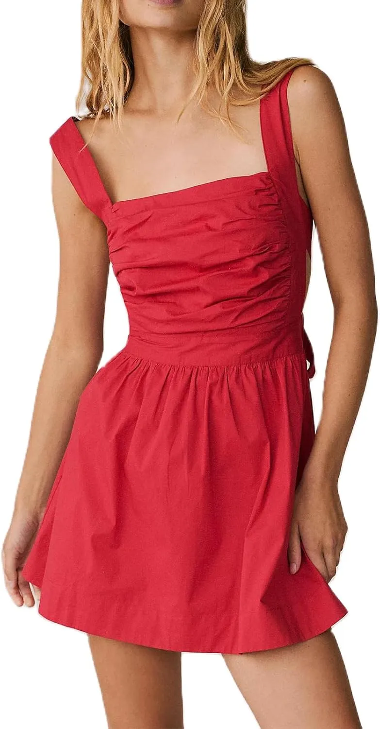 Yuemengxuan Women Graduation Dress Tie Back Summer Dresses Ruched Pleated A Line Mini Dress Backless Y2k Beach Sundress