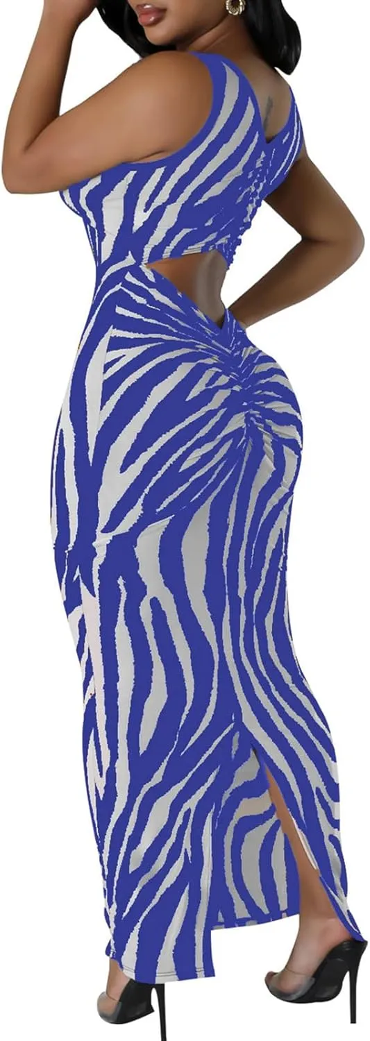 Yuopeid Women's Sexy Halter Sleeveless Spaghetti Straps Bodycon Fashion Striped Printed Cocktail Party Long Maxi Dress