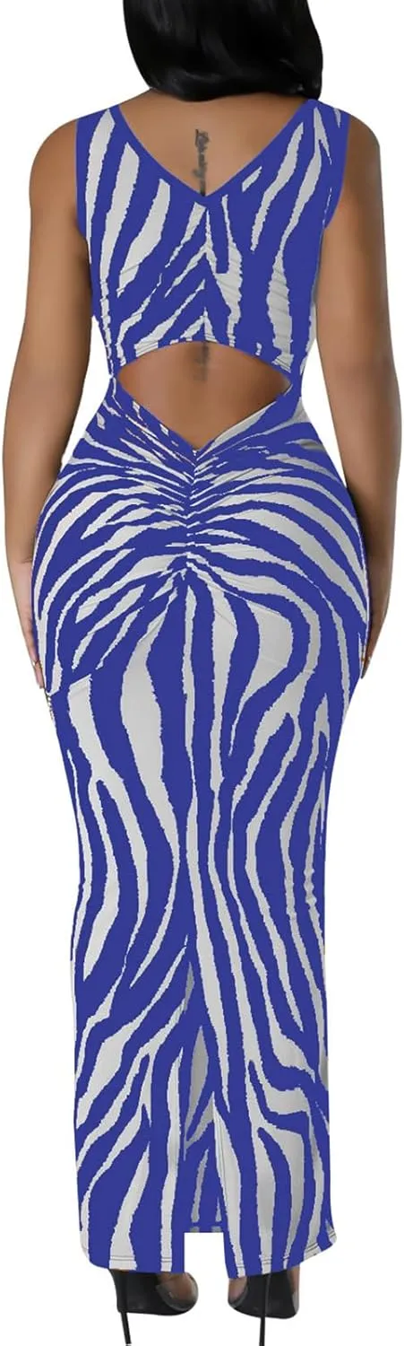 Yuopeid Women's Sexy Halter Sleeveless Spaghetti Straps Bodycon Fashion Striped Printed Cocktail Party Long Maxi Dress