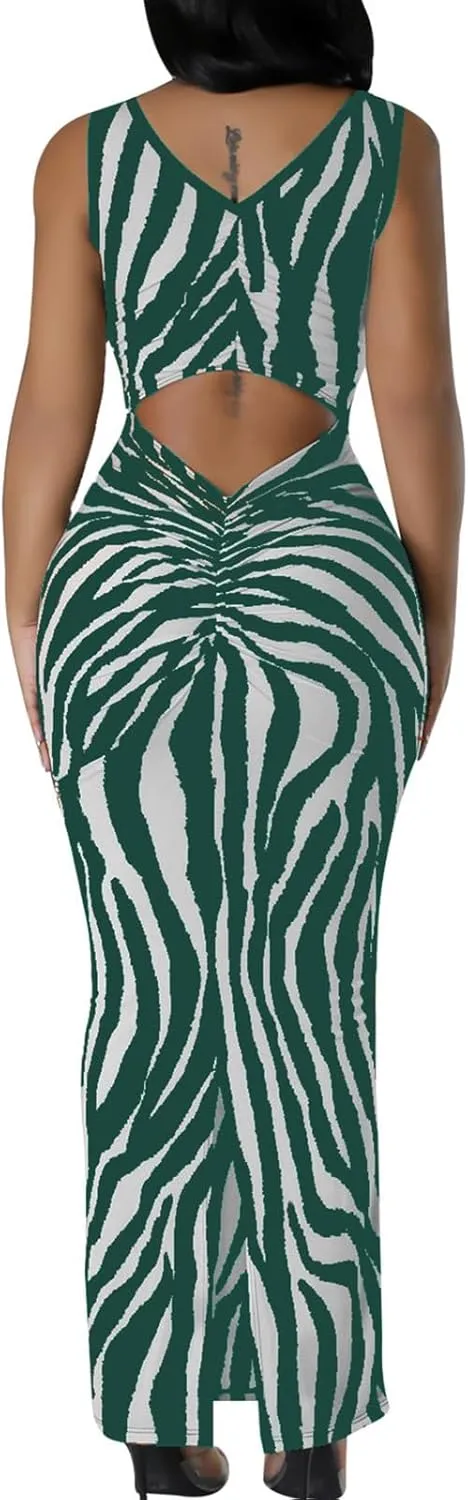 Yuopeid Women's Sexy Halter Sleeveless Spaghetti Straps Bodycon Fashion Striped Printed Cocktail Party Long Maxi Dress