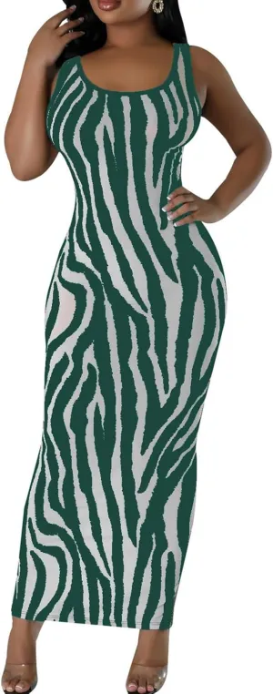 Yuopeid Women's Sexy Halter Sleeveless Spaghetti Straps Bodycon Fashion Striped Printed Cocktail Party Long Maxi Dress