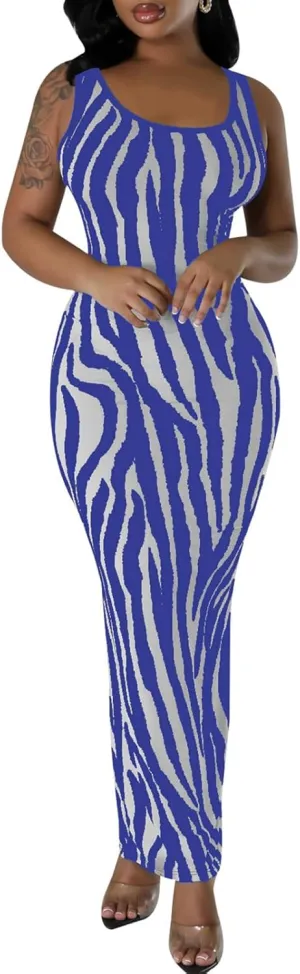 Yuopeid Women's Sexy Halter Sleeveless Spaghetti Straps Bodycon Fashion Striped Printed Cocktail Party Long Maxi Dress