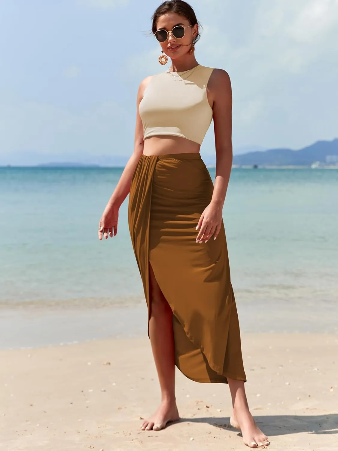 ZAFUL Women's Casual Sleeveless Summer Two Piece Outfits Crop Top and Side Split Draped Ruched Maxi Skirt Set Solid Suiting