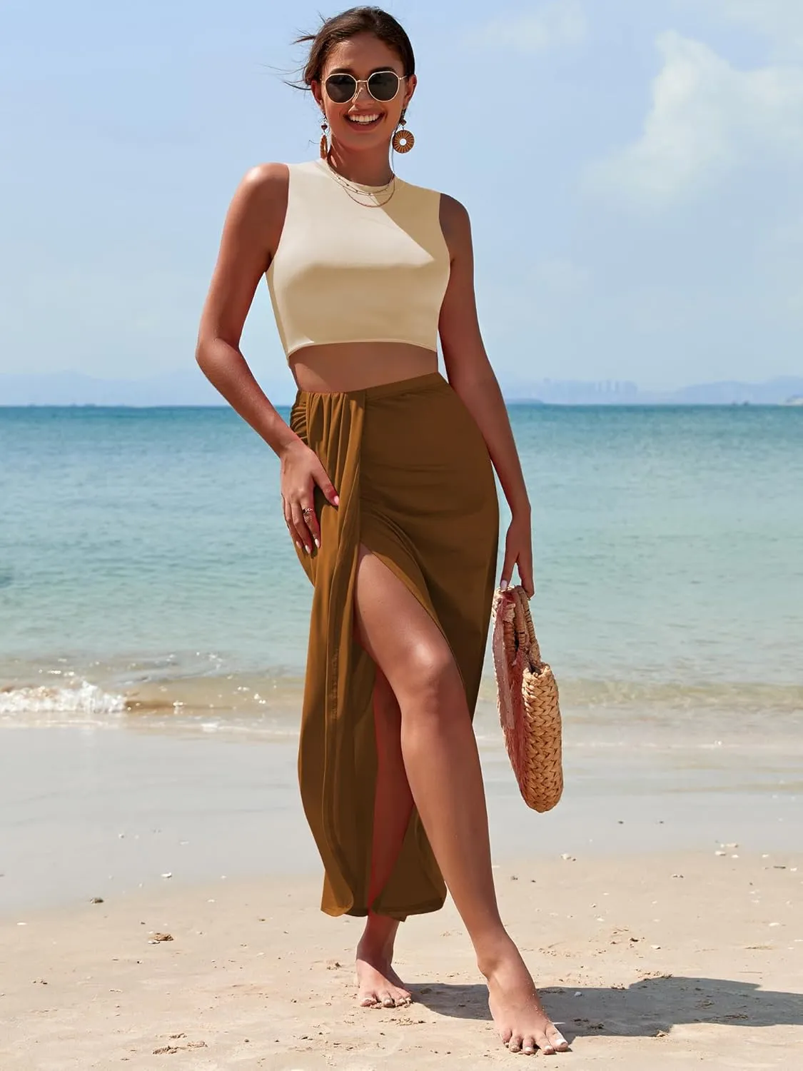ZAFUL Women's Casual Sleeveless Summer Two Piece Outfits Crop Top and Side Split Draped Ruched Maxi Skirt Set Solid Suiting