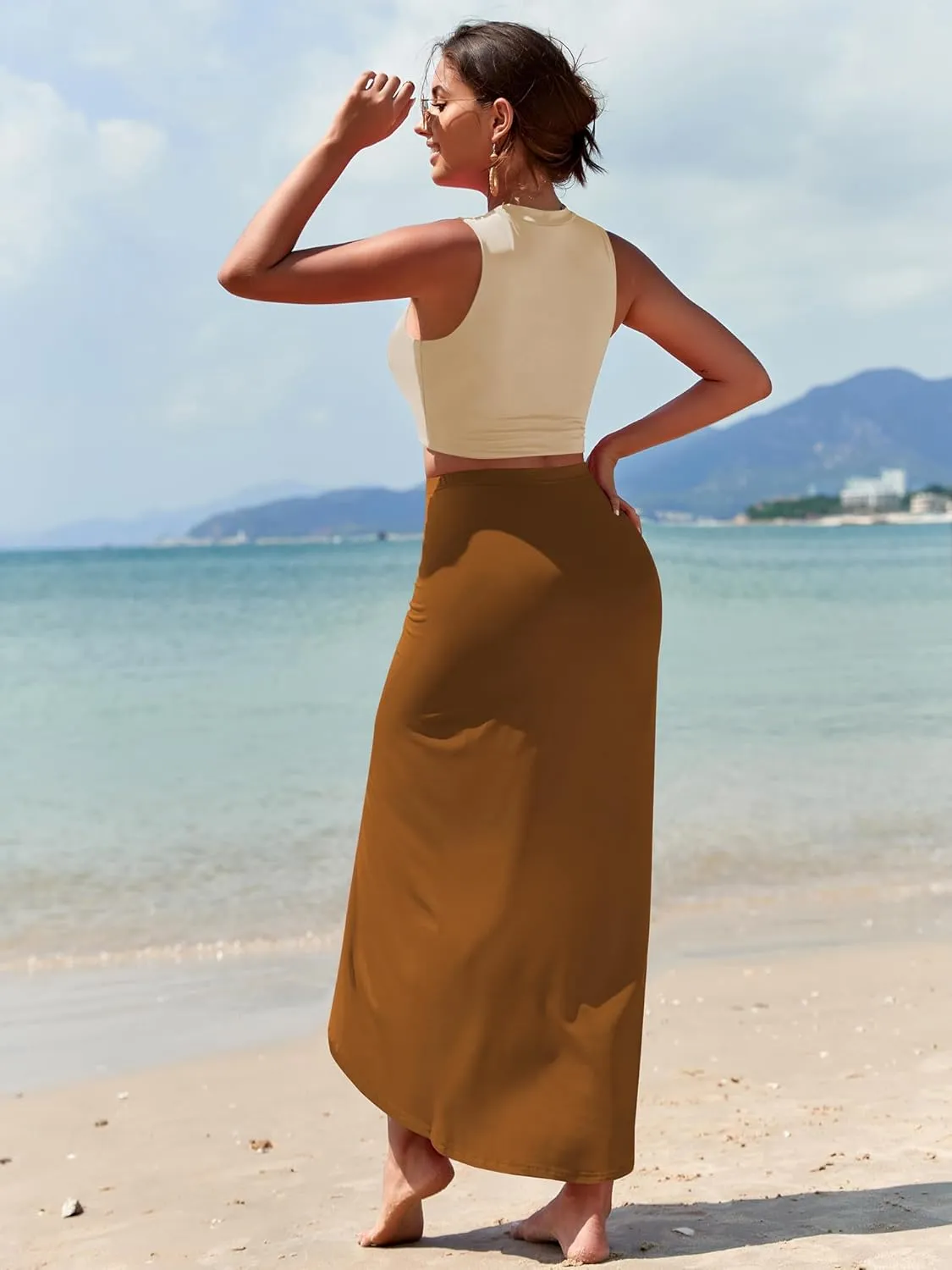 ZAFUL Women's Casual Sleeveless Summer Two Piece Outfits Crop Top and Side Split Draped Ruched Maxi Skirt Set Solid Suiting