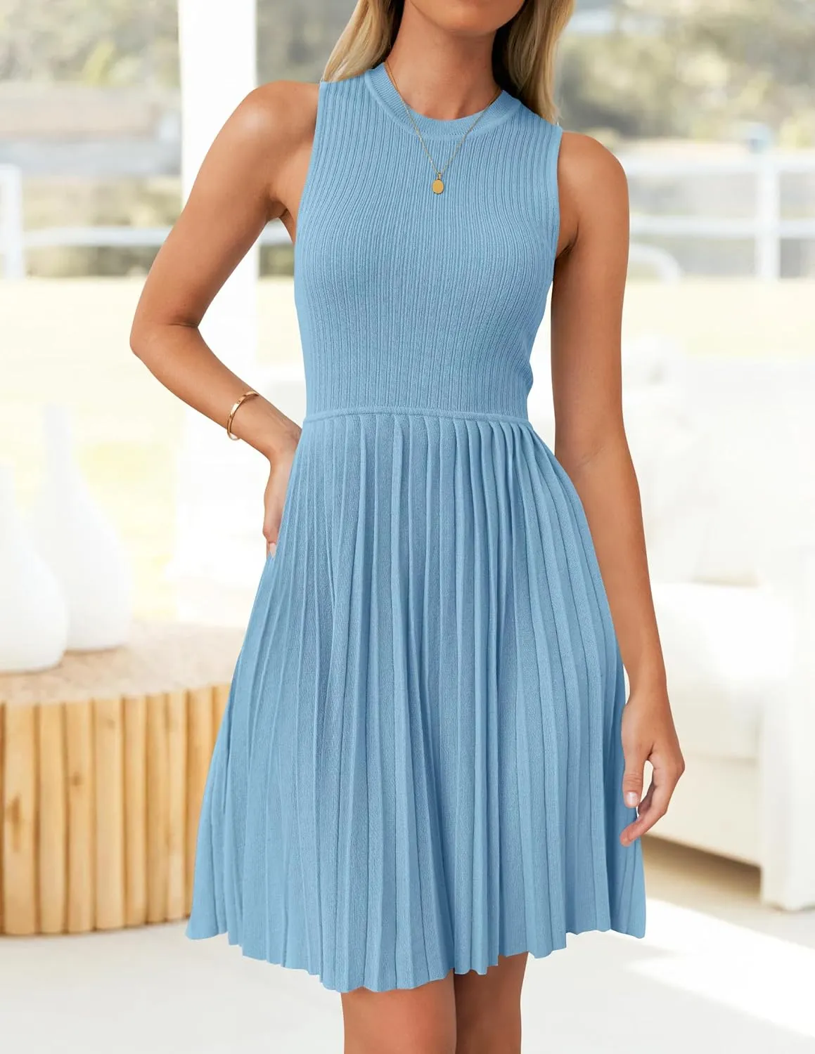 ZESICA Women's Summer Sleeveless Mini Dress 2025 Crewneck Knit A Line Pleated Swing Casual Basic Short Dress