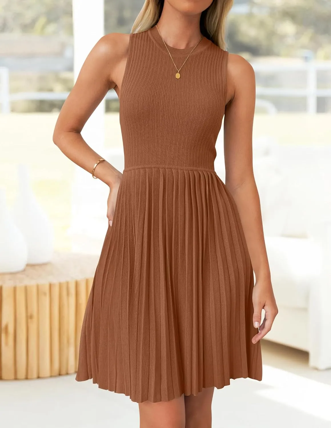 ZESICA Women's Summer Sleeveless Mini Dress 2025 Crewneck Knit A Line Pleated Swing Casual Basic Short Dress