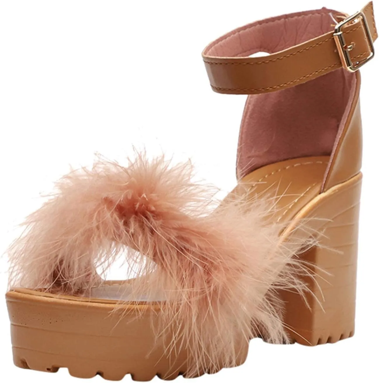 ZKXYFFS Chunky Heeled Sandals for Women Open Toe Ankle Strap Block Heel Platform Sandals Summer Fluffy Feather Dress Party High Heeled Sandal
