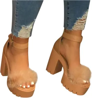 ZKXYFFS Chunky Heeled Sandals for Women Open Toe Ankle Strap Block Heel Platform Sandals Summer Fluffy Feather Dress Party High Heeled Sandal