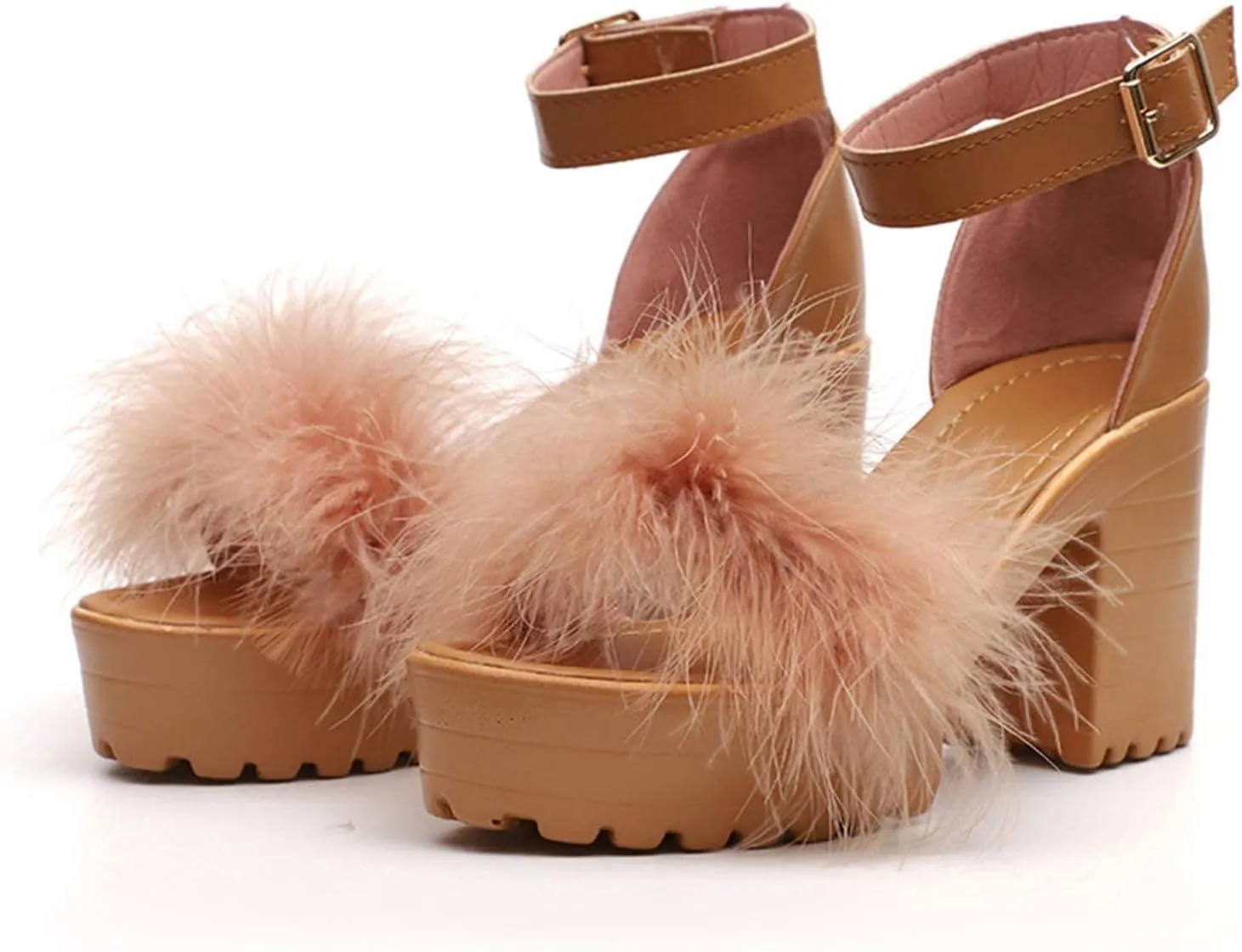 ZKXYFFS Chunky Heeled Sandals for Women Open Toe Ankle Strap Block Heel Platform Sandals Summer Fluffy Feather Dress Party High Heeled Sandal