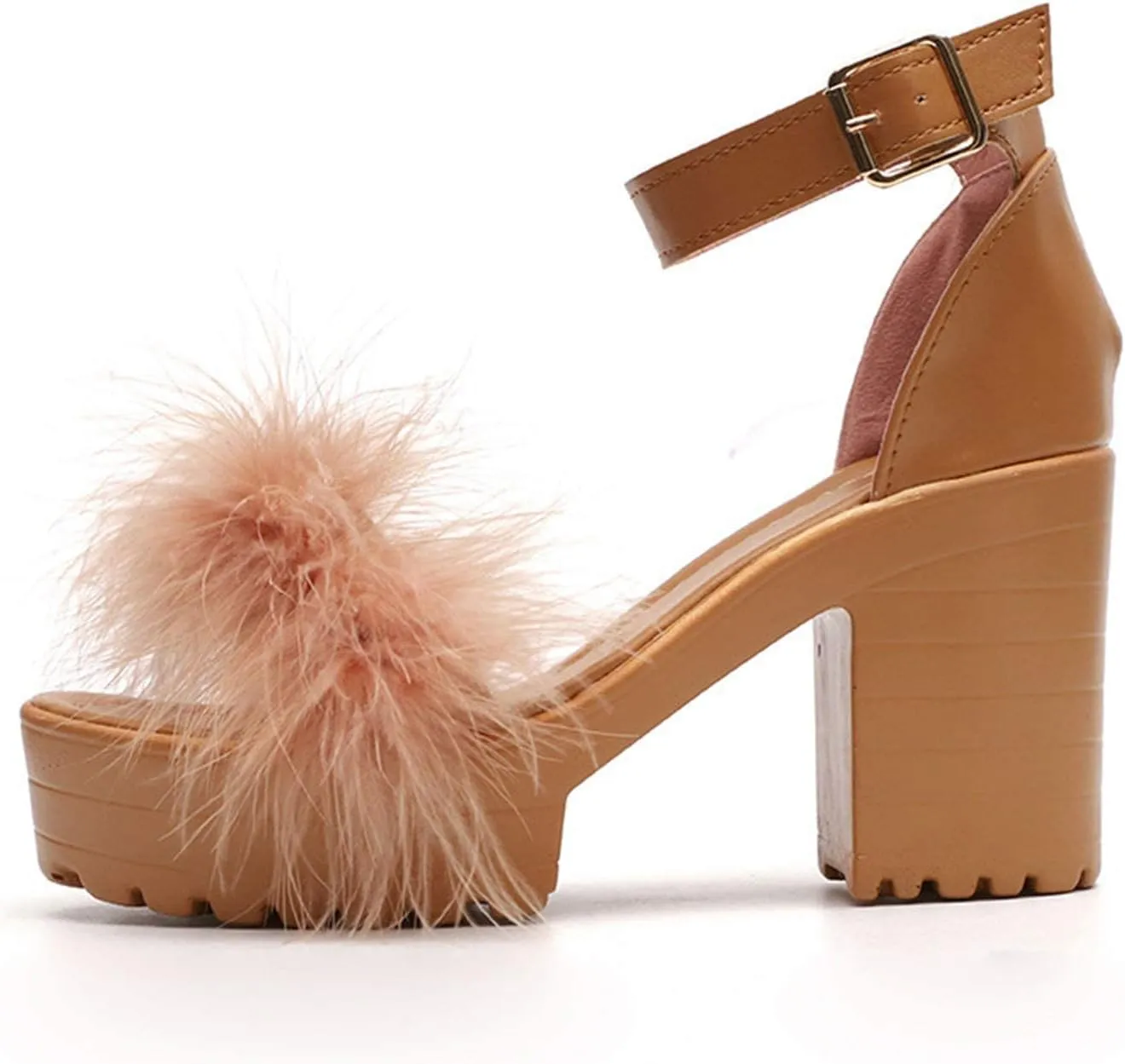 ZKXYFFS Chunky Heeled Sandals for Women Open Toe Ankle Strap Block Heel Platform Sandals Summer Fluffy Feather Dress Party High Heeled Sandal