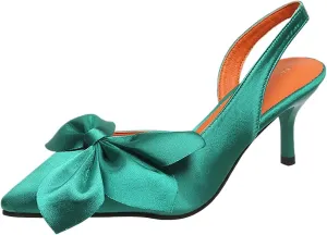 ZSpzx Heels for Women Pointed Toe Closed Toes Backless Slingback Low Kitten Heel Sandals with Twist Knot Bow Ladies Cushion Footbed Strappy Dress Shoes for Wedding Bridal Evening Cocktail