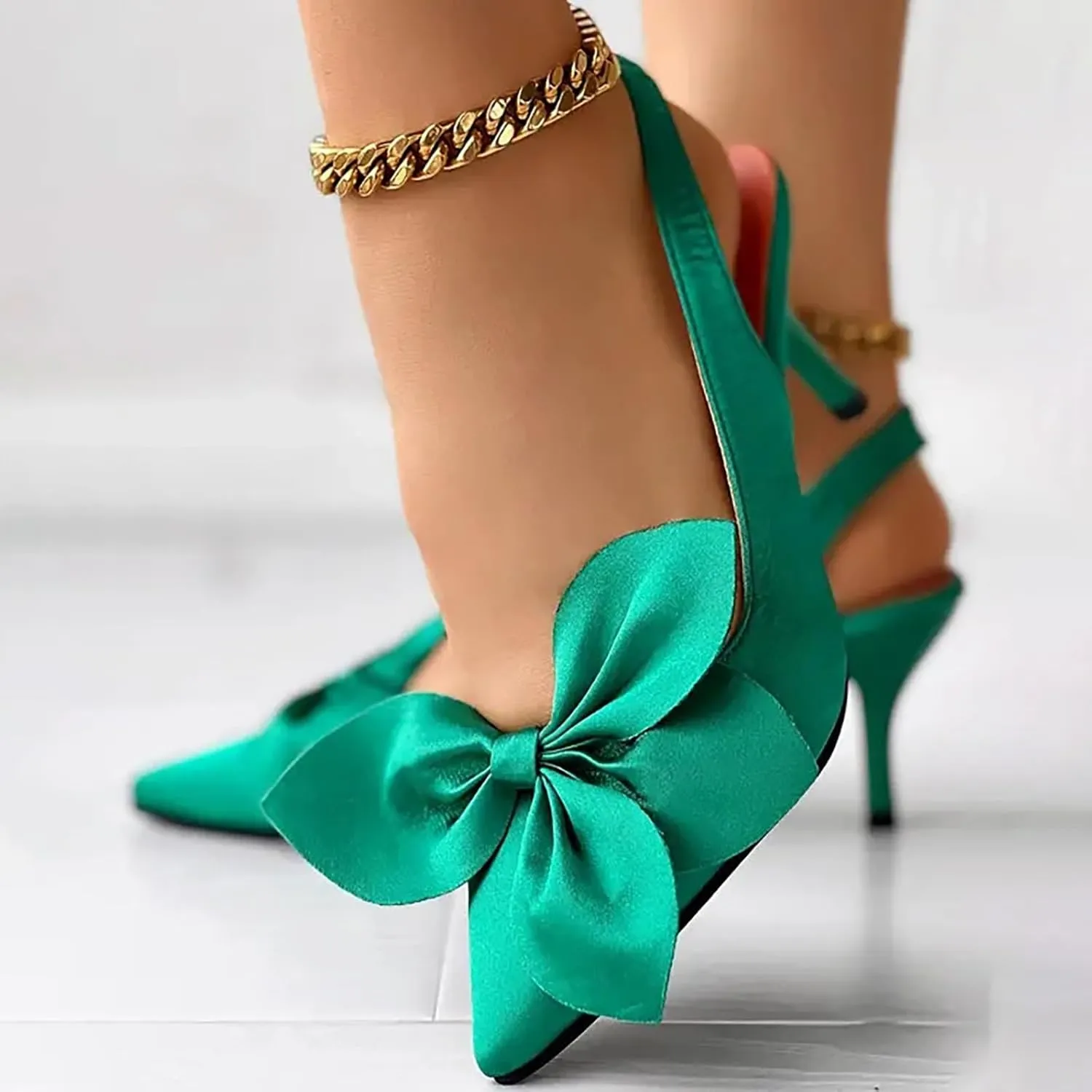 ZSpzx Heels for Women Pointed Toe Closed Toes Backless Slingback Low Kitten Heel Sandals with Twist Knot Bow Ladies Cushion Footbed Strappy Dress Shoes for Wedding Bridal Evening Cocktail