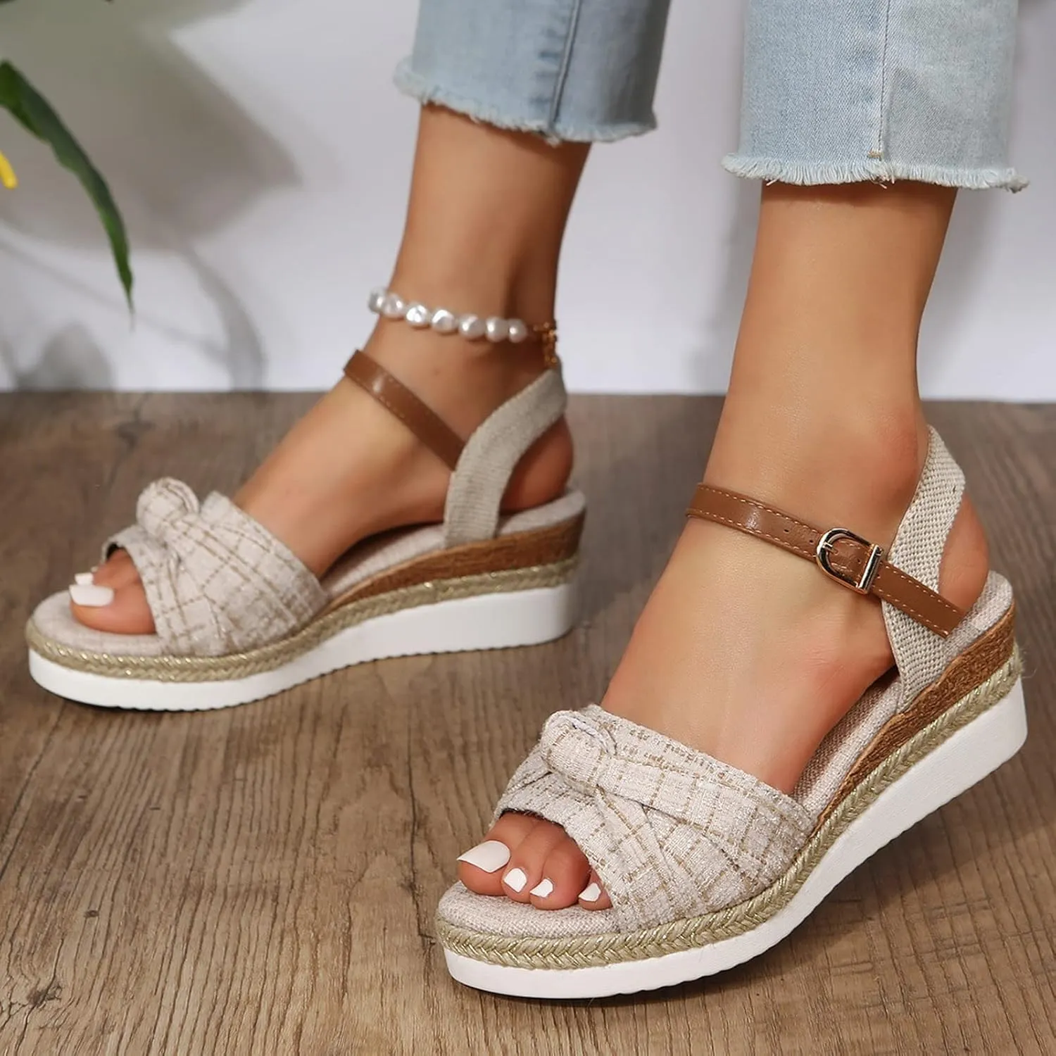 ZSpzx Platform Espadrille Sandals for Women with Twist Knot Bow 2025 Arch Support Low Heel Peep Toe Wedges Ladies Summer Strappy Sandal Fashion Ankle Strap Open Toe Shoes for Beach Wedding Vacation